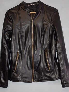 Redtag Women's Black Faux Leather Zip-Front Jacket with Gold Hardware